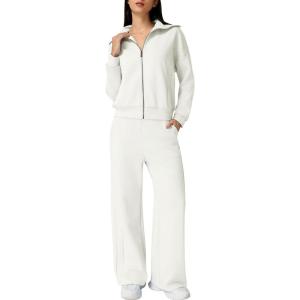 imageQINSEN Womens Cotton 2 Piece Outfits Lapel Long Sleeve Zip Up Sweatshirt Wide Leg Pants Matching Tracksuit SetsBeige