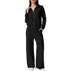 imageQINSEN Womens Cotton 2 Piece Outfits Lapel Long Sleeve Zip Up Sweatshirt Wide Leg Pants Matching Tracksuit SetsBlack