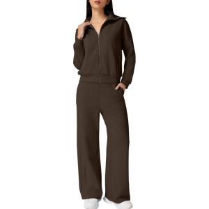 imageQINSEN Womens Cotton 2 Piece Outfits Lapel Long Sleeve Zip Up Sweatshirt Wide Leg Pants Matching Tracksuit SetsBrown