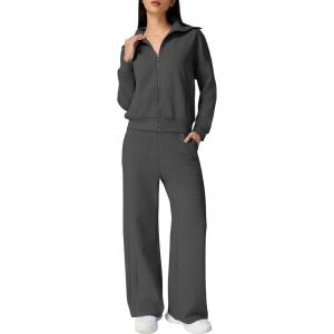 imageQINSEN Womens Cotton 2 Piece Outfits Lapel Long Sleeve Zip Up Sweatshirt Wide Leg Pants Matching Tracksuit SetsDark Grey
