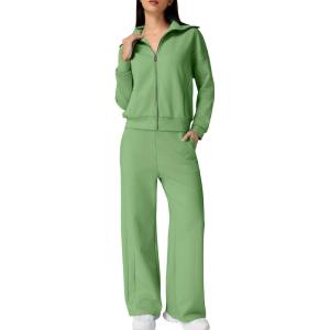 imageQINSEN Womens Cotton 2 Piece Outfits Lapel Long Sleeve Zip Up Sweatshirt Wide Leg Pants Matching Tracksuit SetsGreen