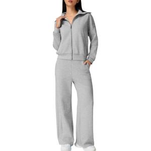 imageQINSEN Womens Cotton 2 Piece Outfits Lapel Long Sleeve Zip Up Sweatshirt Wide Leg Pants Matching Tracksuit SetsGrey