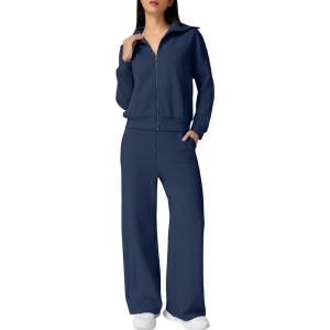 imageQINSEN Womens Cotton 2 Piece Outfits Lapel Long Sleeve Zip Up Sweatshirt Wide Leg Pants Matching Tracksuit SetsNavy Blue
