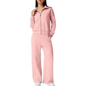 imageQINSEN Womens Cotton 2 Piece Outfits Lapel Long Sleeve Zip Up Sweatshirt Wide Leg Pants Matching Tracksuit SetsPink