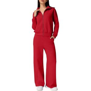 imageQINSEN Womens Cotton 2 Piece Outfits Lapel Long Sleeve Zip Up Sweatshirt Wide Leg Pants Matching Tracksuit SetsRed