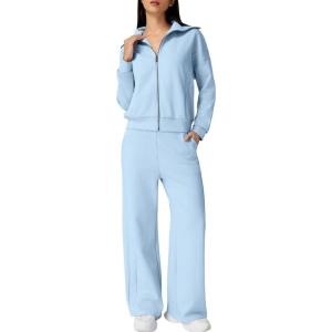 imageQINSEN Womens Cotton 2 Piece Outfits Lapel Long Sleeve Zip Up Sweatshirt Wide Leg Pants Matching Tracksuit SetsSky Blue
