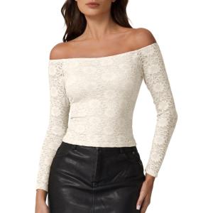 imageQINSEN Womens Lace Trim Off Shouder Top Long Sleeve Double Lined Y2k Trendy T ShirtsBeige