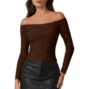 imageQINSEN Womens Lace Trim Off Shouder Top Long Sleeve Double Lined Y2k Trendy T ShirtsChestnut Brown