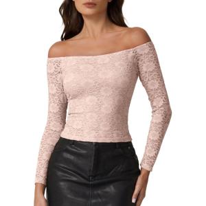 imageQINSEN Womens Lace Trim Off Shouder Top Long Sleeve Double Lined Y2k Trendy T ShirtsPink