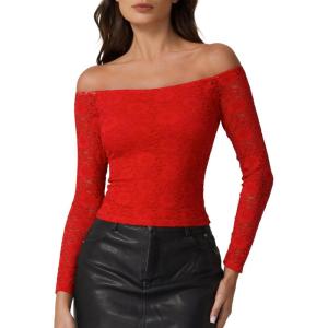 imageQINSEN Womens Lace Trim Off Shouder Top Long Sleeve Double Lined Y2k Trendy T ShirtsRed