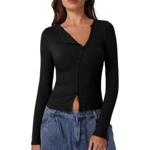 imageQINSEN Womens Long Sleeve Ribbed Crewneck Shirts Upper Button Fastening Going Out TopsBlack