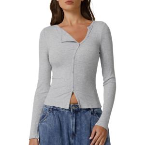 imageQINSEN Womens Long Sleeve Ribbed Crewneck Shirts Upper Button Fastening Going Out TopsLight Grey