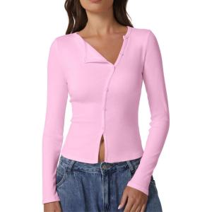 imageQINSEN Womens Long Sleeve Ribbed Crewneck Shirts Upper Button Fastening Going Out TopsPink