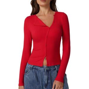 imageQINSEN Womens Long Sleeve Ribbed Crewneck Shirts Upper Button Fastening Going Out TopsRed