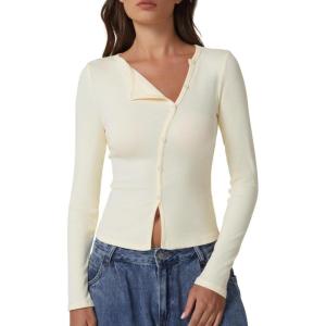 imageQINSEN Womens Long Sleeve Ribbed Crewneck Shirts Upper Button Fastening Going Out TopsSplashed White