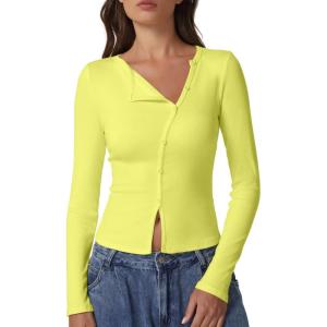 imageQINSEN Womens Long Sleeve Ribbed Crewneck Shirts Upper Button Fastening Going Out TopsYellow
