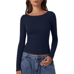 imageQINSEN Womens Long Sleeve T Shirts Crewneck Tight Fitted Rib Knit Y2k Casual Tee TopsEstate Blue