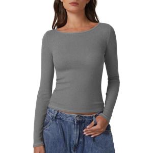 imageQINSEN Womens Long Sleeve T Shirts Crewneck Tight Fitted Rib Knit Y2k Casual Tee TopsGray