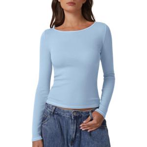 imageQINSEN Womens Long Sleeve T Shirts Crewneck Tight Fitted Rib Knit Y2k Casual Tee TopsLight Blue