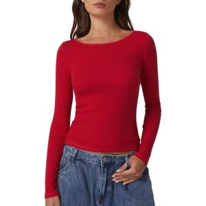 imageQINSEN Womens Long Sleeve T Shirts Crewneck Tight Fitted Rib Knit Y2k Casual Tee TopsRed