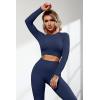 imageQINSEN Seamless Workout Outfits for Women 2 Piece Ribbed Long Sleeve Crop Top Tummy Control Leggings SetsDark Blue