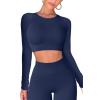 imageQINSEN Seamless Workout Outfits for Women 2 Piece Ribbed Long Sleeve Crop Top Tummy Control Leggings SetsDark Blue