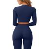 imageQINSEN Seamless Workout Outfits for Women 2 Piece Ribbed Long Sleeve Crop Top Tummy Control Leggings SetsDark Blue