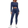 imageQINSEN Seamless Workout Outfits for Women 2 Piece Ribbed Long Sleeve Crop Top Tummy Control Leggings SetsDark Blue