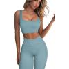 imageFAFOFA Ribbed Workout Outfits for Women 2 Piece Seamless Sport Bra High Waist Yoga Leggings SetsBlue