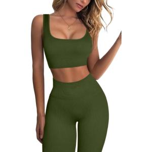 imageFAFOFA Ribbed Workout Outfits for Women 2 Piece Seamless Sport Bra High Waist Yoga Leggings SetsArmy Green