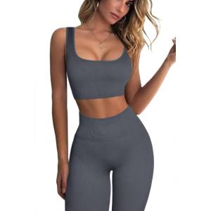 imageFAFOFA Ribbed Workout Outfits for Women 2 Piece Seamless Sport Bra High Waist Yoga Leggings SetsDark Grey