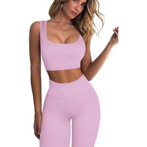 imageFAFOFA Ribbed Workout Outfits for Women 2 Piece Seamless Sport Bra High Waist Yoga Leggings SetsDusty Pink