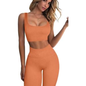 imageFAFOFA Ribbed Workout Outfits for Women 2 Piece Seamless Sport Bra High Waist Yoga Leggings SetsLight Orange