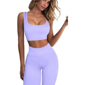 imageFAFOFA Ribbed Workout Outfits for Women 2 Piece Seamless Sport Bra High Waist Yoga Leggings SetsLight Purple