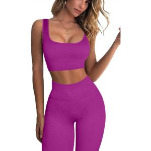 imageFAFOFA Ribbed Workout Outfits for Women 2 Piece Seamless Sport Bra High Waist Yoga Leggings SetsRaspberry Sherbet