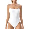 imageQINSEN Womens Spaghetti Strap Bodysuit Top Square Neck Sleeveless Double Lined Cami ShirtsWhite
