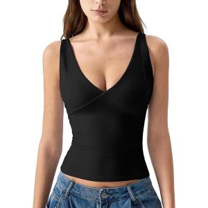 imageQINSEN Womens Double Lined Tank Tops Sexy V Neck Seamed Cup Adjustable Spaghetti Straps Camisole ShirtsBlack