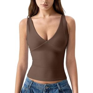 imageQINSEN Womens Double Lined Tank Tops Sexy V Neck Seamed Cup Adjustable Spaghetti Straps Camisole ShirtsBrown