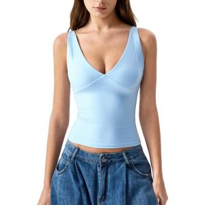 imageQINSEN Womens Double Lined Tank Tops Sexy V Neck Seamed Cup Adjustable Spaghetti Straps Camisole ShirtsLight Blue