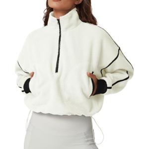 imageQINSEN Womens Half Zip Fleece Short Pullover Sweatshirt Winter Long Sleeve Cozy Sherpa Sweater TopBeige