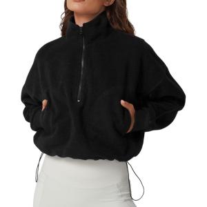 imageQINSEN Womens Half Zip Fleece Short Pullover Sweatshirt Winter Long Sleeve Cozy Sherpa Sweater TopBlack