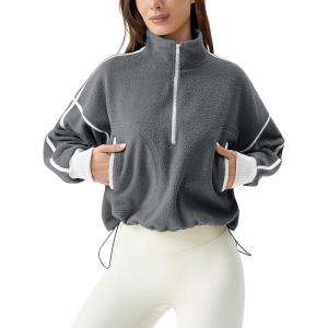 imageQINSEN Womens Half Zip Fleece Short Pullover Sweatshirt Winter Long Sleeve Cozy Sherpa Sweater TopDark Grey