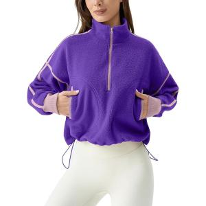 imageQINSEN Womens Half Zip Fleece Short Pullover Sweatshirt Winter Long Sleeve Cozy Sherpa Sweater TopDark Purple