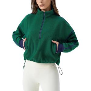 imageQINSEN Womens Half Zip Fleece Short Pullover Sweatshirt Winter Long Sleeve Cozy Sherpa Sweater TopGreen