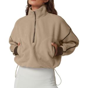 imageQINSEN Womens Half Zip Fleece Short Pullover Sweatshirt Winter Long Sleeve Cozy Sherpa Sweater TopKhaki