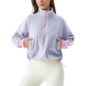 imageQINSEN Womens Half Zip Fleece Short Pullover Sweatshirt Winter Long Sleeve Cozy Sherpa Sweater TopLight Purple