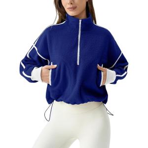 imageQINSEN Womens Half Zip Fleece Short Pullover Sweatshirt Winter Long Sleeve Cozy Sherpa Sweater TopMidnight Blue