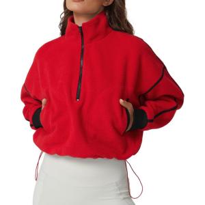 imageQINSEN Womens Half Zip Fleece Short Pullover Sweatshirt Winter Long Sleeve Cozy Sherpa Sweater TopRed