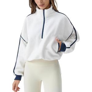 imageQINSEN Womens Half Zip Fleece Short Pullover Sweatshirt Winter Long Sleeve Cozy Sherpa Sweater TopWhite