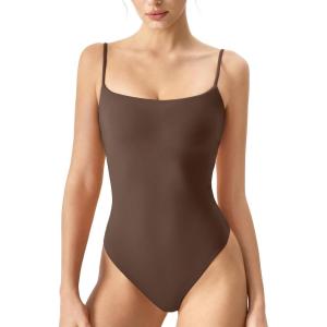 imageQINSEN Womens Spaghetti Strap Bodysuit Top Square Neck Sleeveless Double Lined Cami ShirtsBrown